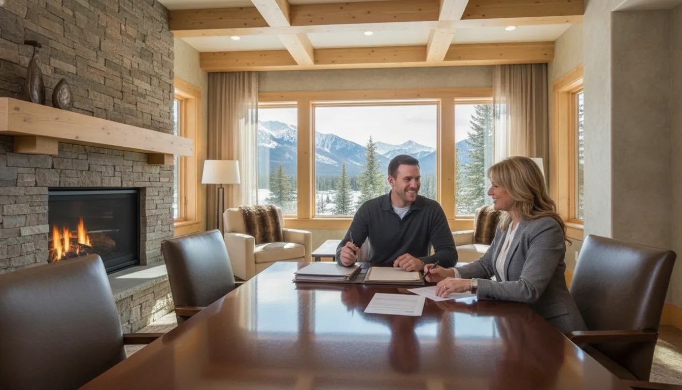 Couple signing mortgage closing documents with a loan specialist in an elegant mountain-resort office