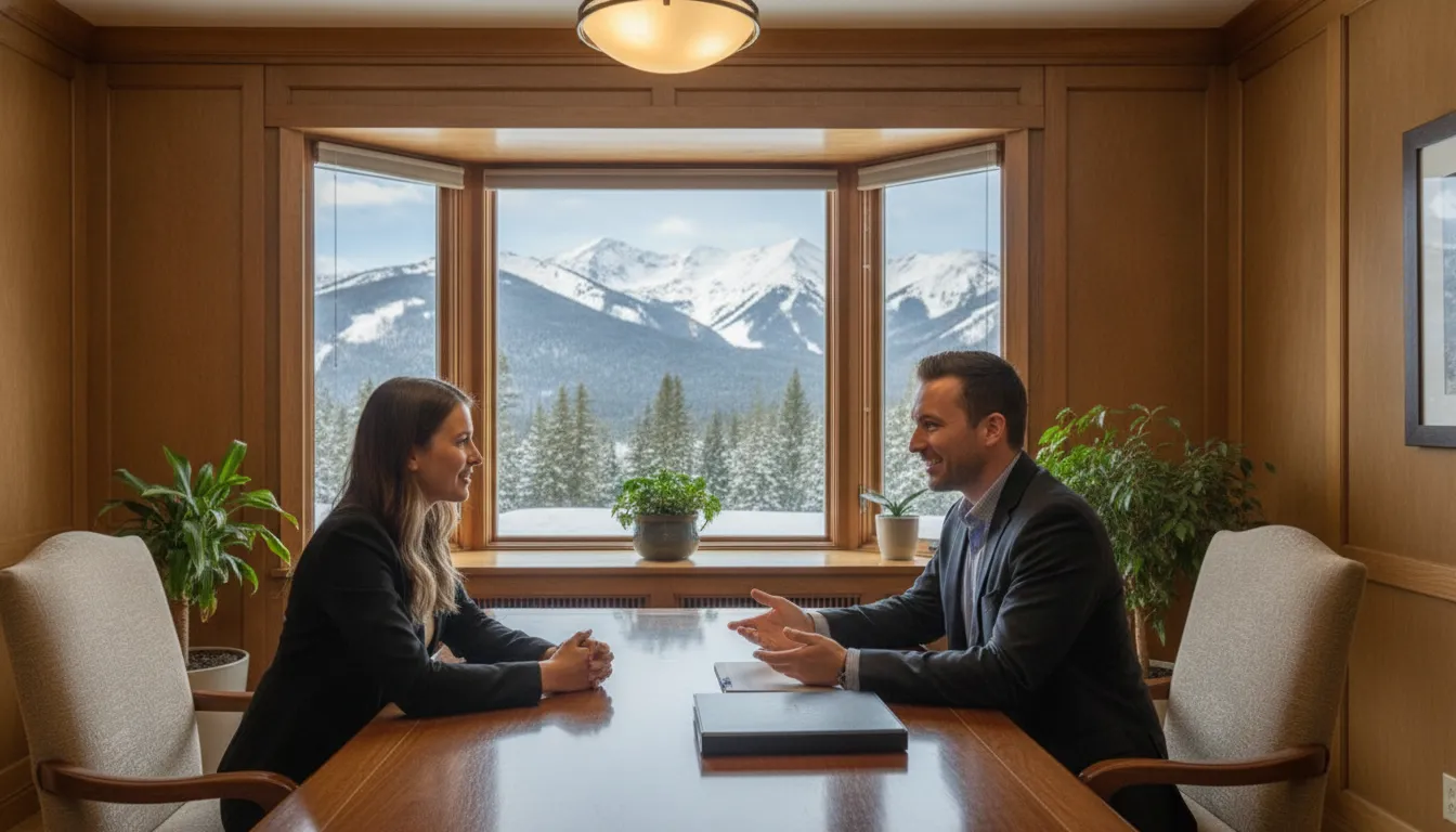 Mortgage advisor explaining a financing checklist to a luxury home buyer in a bright Utah office
