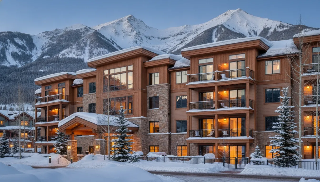 Luxury condotel building in a snowy Park City resort village at dusk