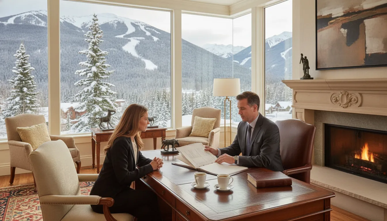 Mortgage advisor meeting with a luxury resort property buyer, mountains visible in the distance