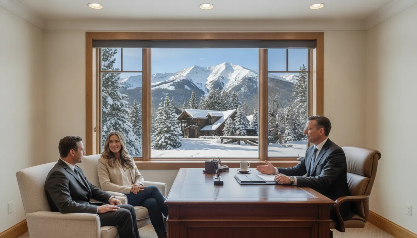 Mortgage advisor consulting with an affluent couple in a bright Park City office with mountain views