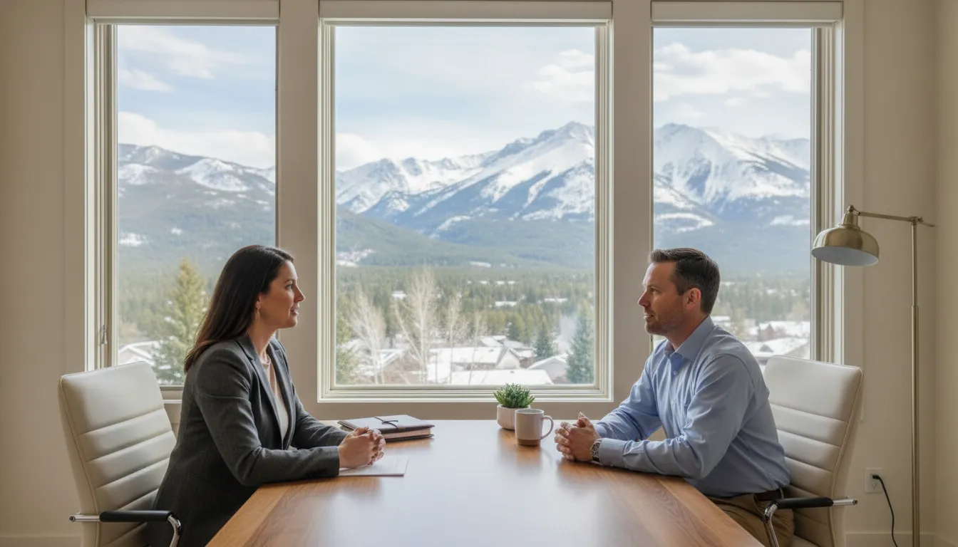 Mortgage advisor consulting with a self-employed buyer in a Park City mountain home office