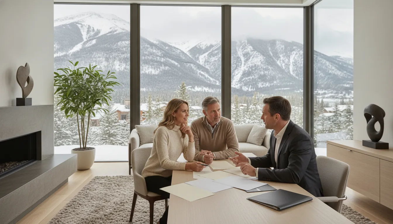 Mortgage advisor speaking with an affluent couple in a bright Park City luxury home office