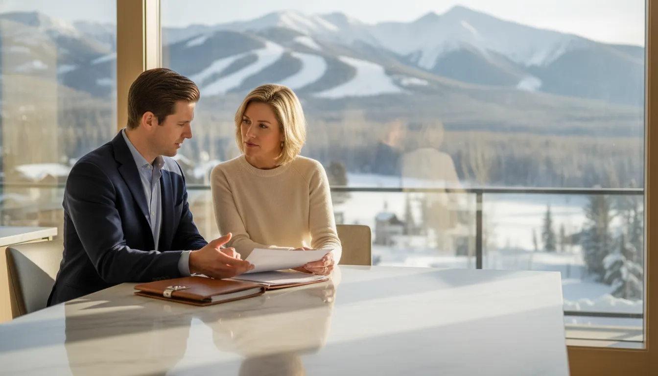 Affluent couple reviewing loan documents with a mortgage advisor in a Park City mountain home