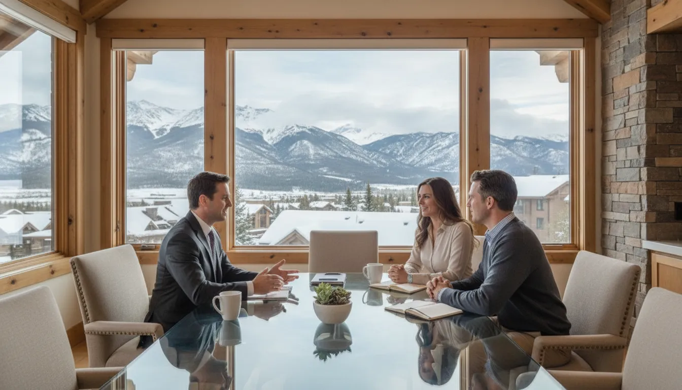 A jumbo loan specialist discussing a luxury Park City home financing plan with a couple in a bright office overlooking the mountains