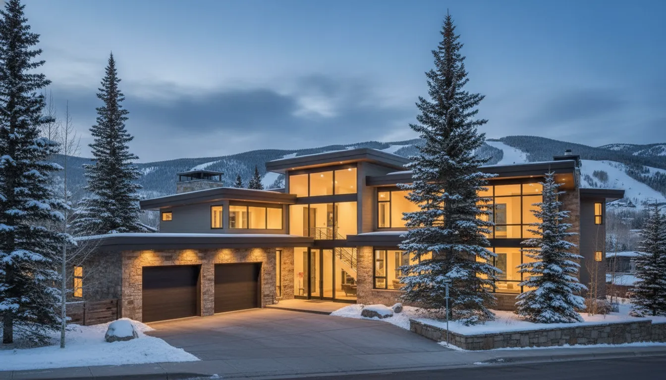 A modern luxury mountain home in Park City Utah at dusk with warm windows glowing against the pine-covered slopes