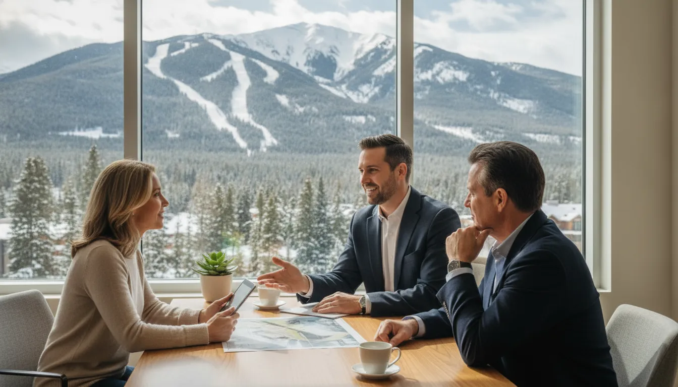 Mortgage advisor consulting with an affluent couple about luxury home financing in a bright Park City office with mountain views