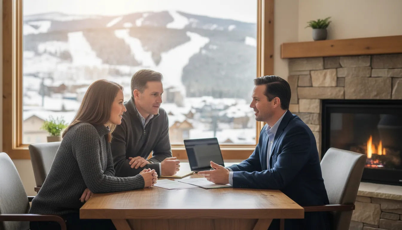 Mortgage specialist discussing financing options with an executive couple in a bright Park City mountain home office