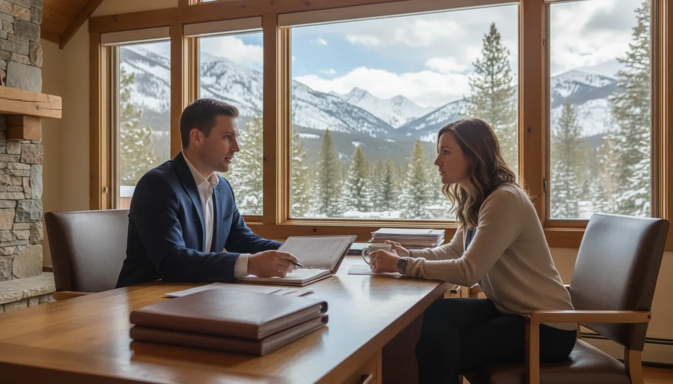 Mortgage specialist reviewing financing paperwork with an executive in a Park City mountain home office