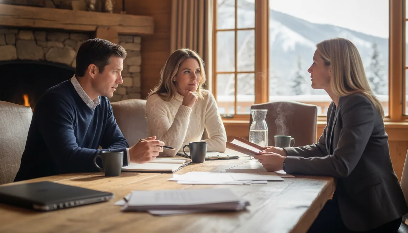Executive couple meeting with a financial advisor at a wooden table inside a luxury ski chalet