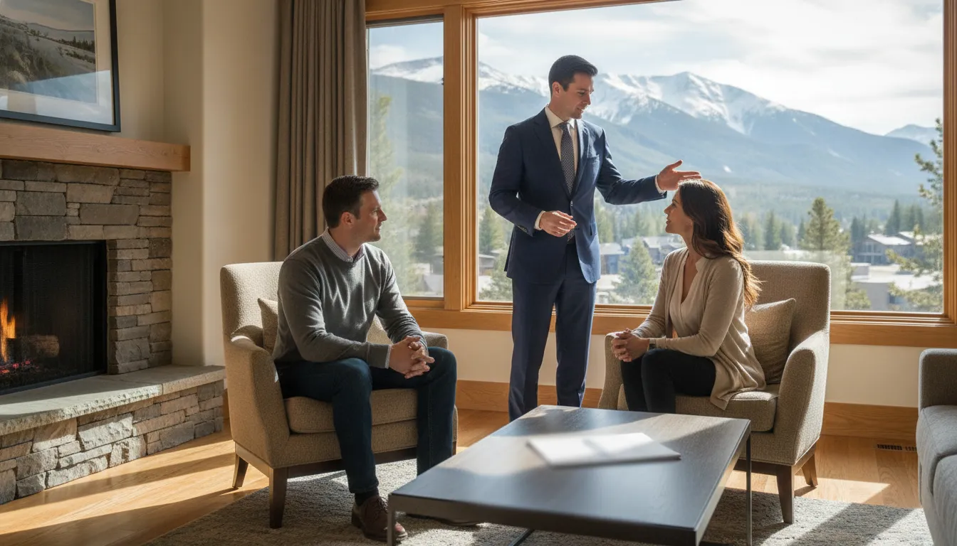 Mortgage advisor consulting with an upscale couple at a bright window in a Park City mountain luxury home
