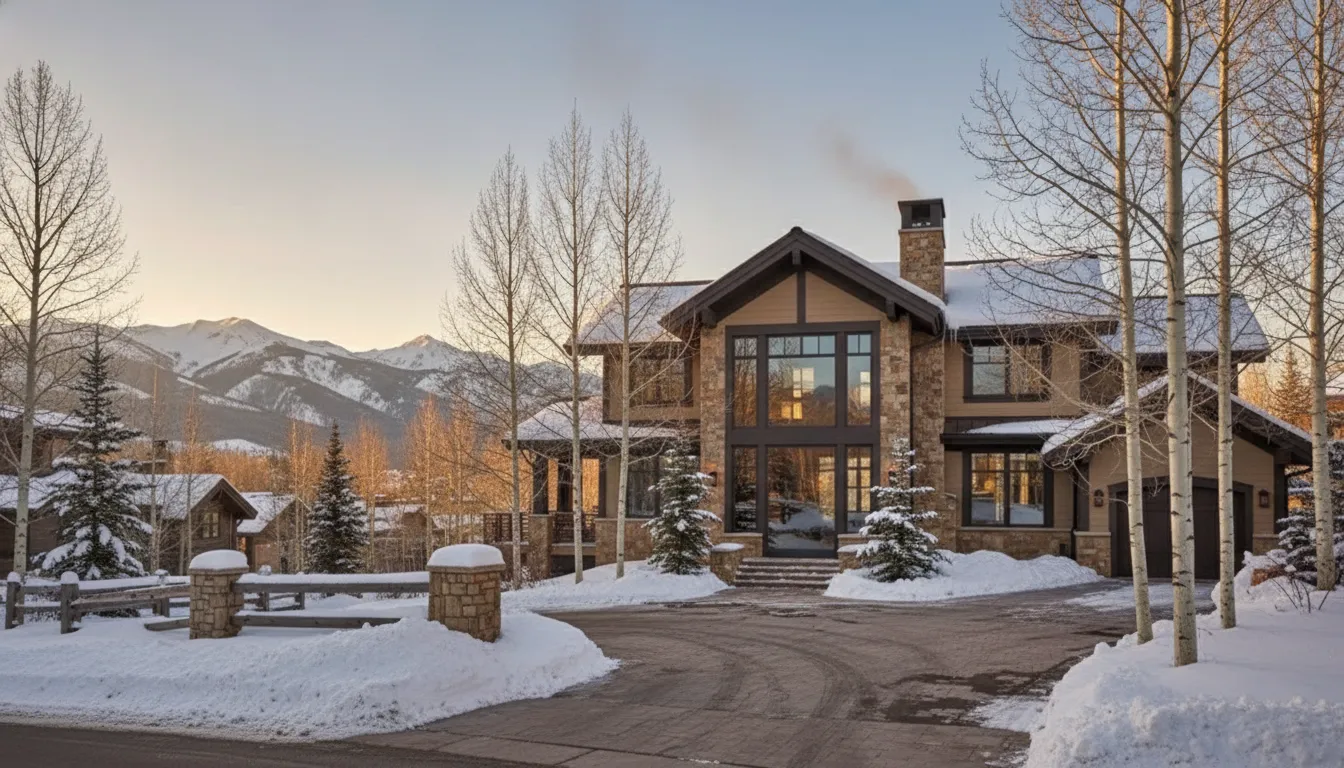 Refined luxury mountain home exterior in a Park City neighborhood at golden hour
