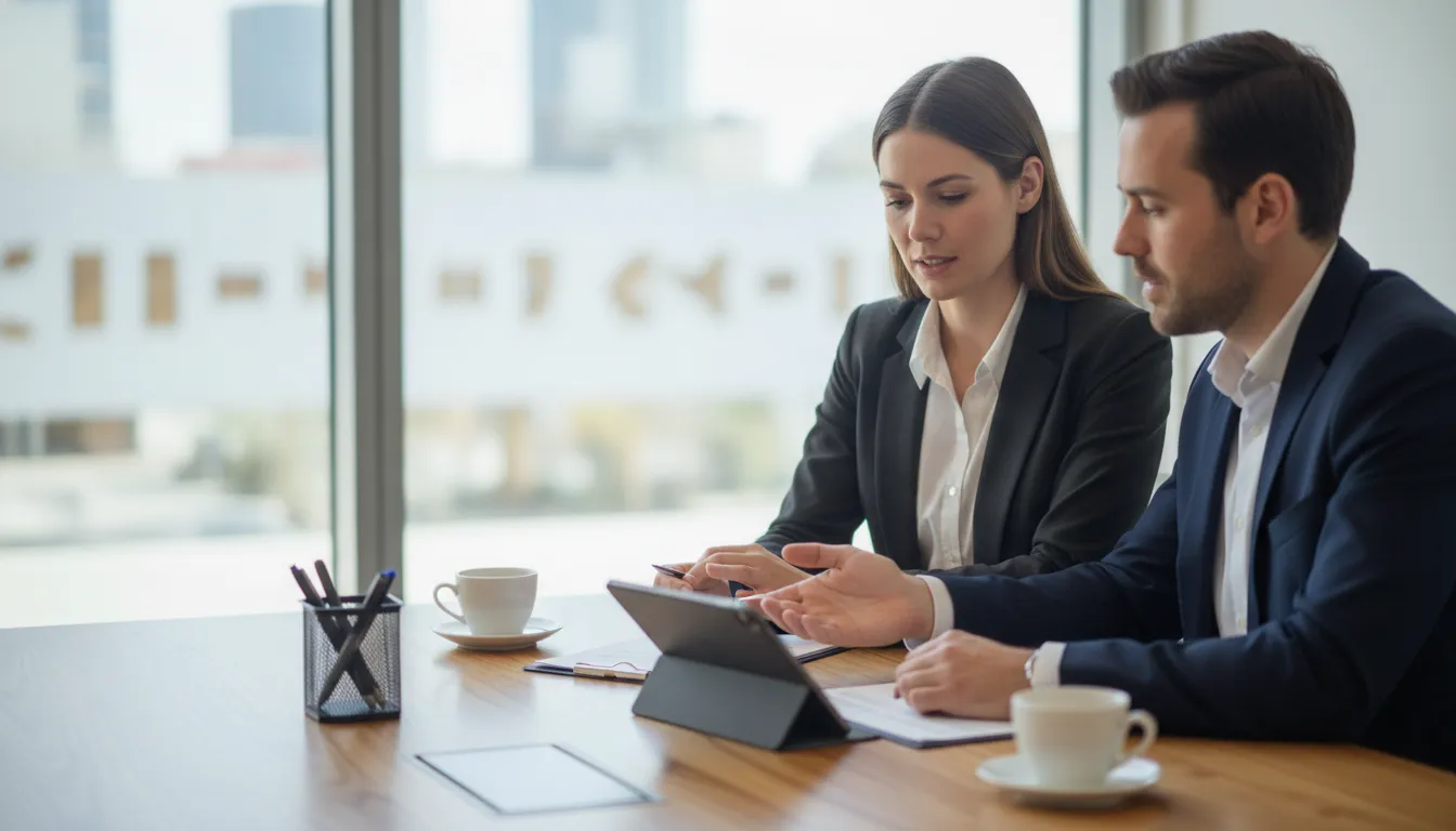 Mortgage advisor comparing financing options with a self-employed business owner at a modern office table