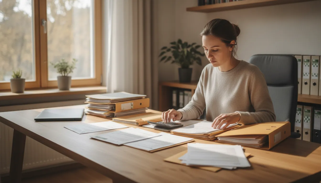 Self-employed contractor organizing tax documents and financial paperwork at a clean home office desk