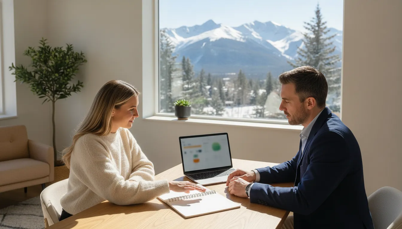 Self-employed contractor reviewing mortgage income documents with a lender in a modern Park City home office