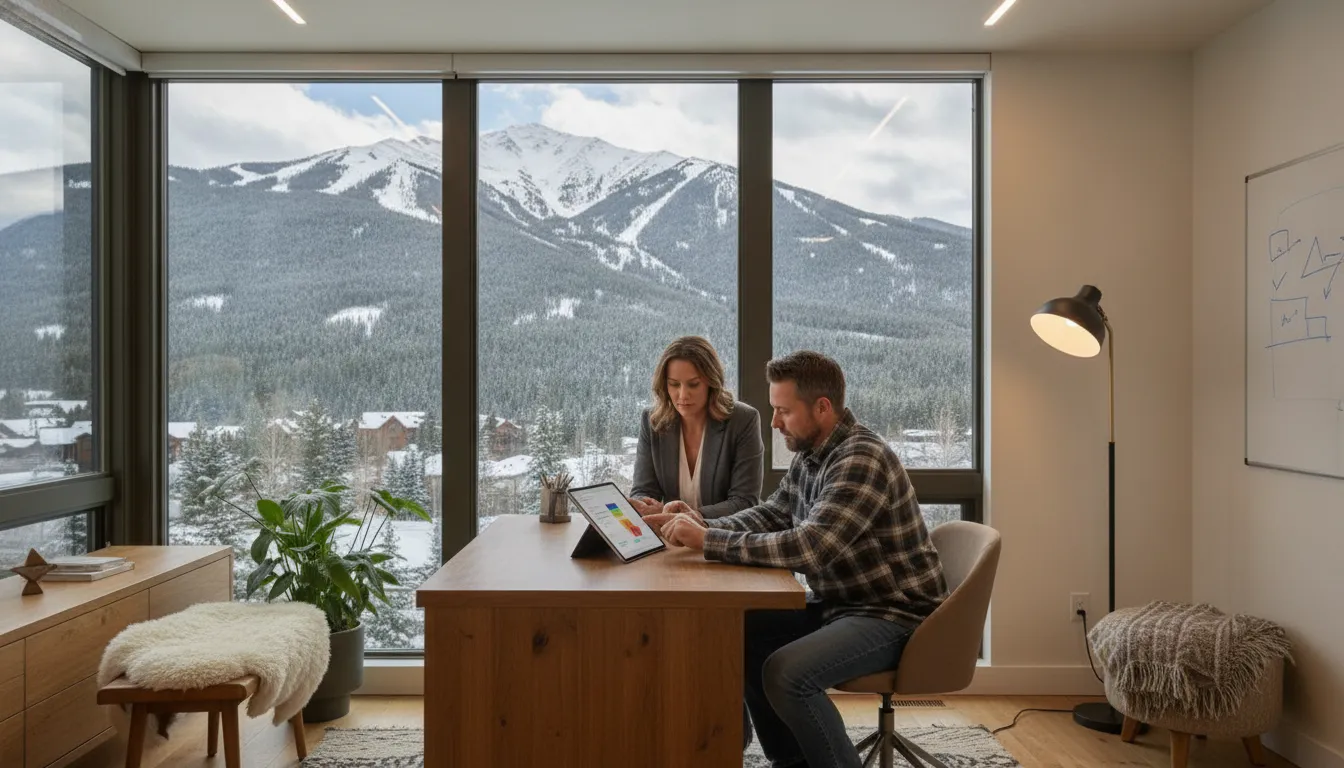 Self-employed homeowner reviewing mortgage documents in a modern Park City home office