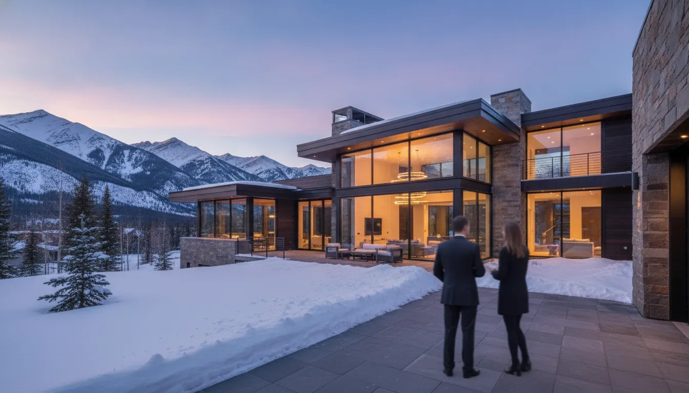 Modern luxury home in the Utah mountains at sunset