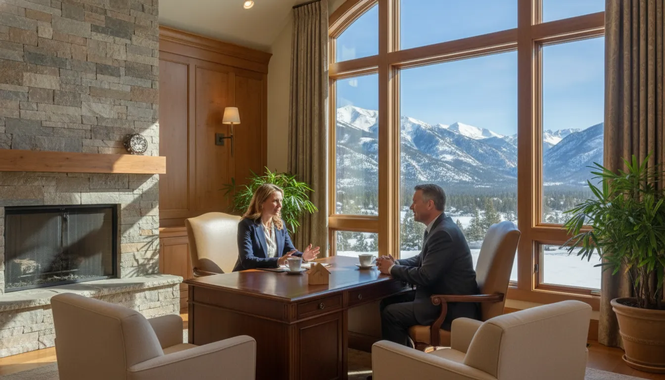 Self-employed business owner discussing financing options with a mortgage advisor in a sunlit Park City home office
