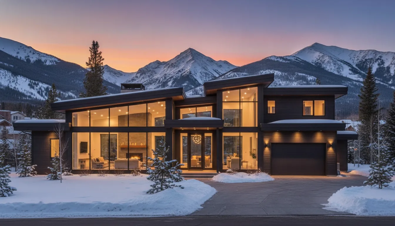 Luxury modern mountain home in Park City at sunset