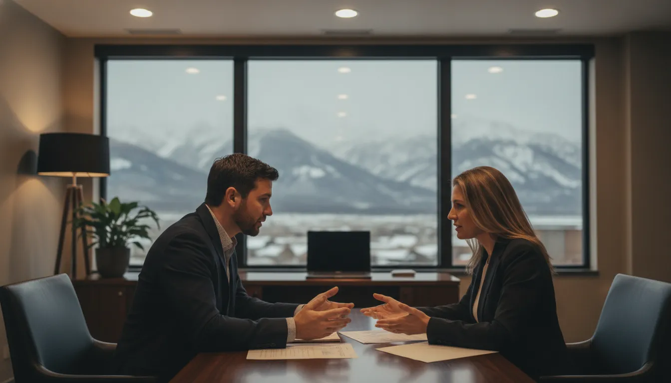 Mortgage advisor reviewing bank statement income with a self-employed borrower in Park City