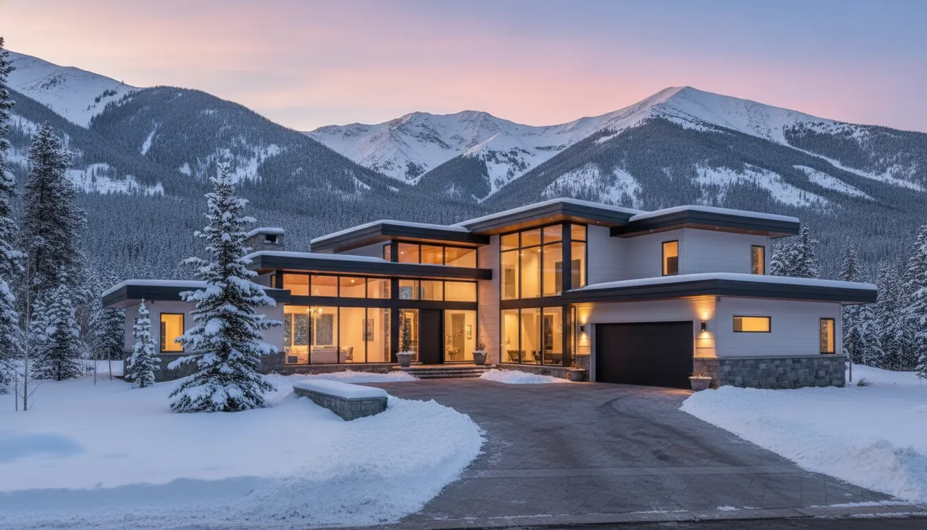 Luxury modern home nestled in the Wasatch mountains near Park City at sunset