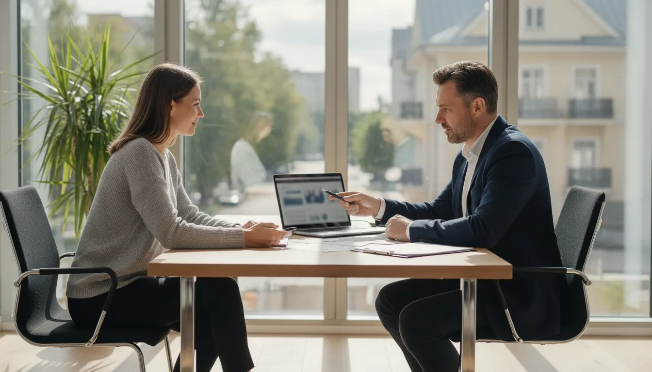 Business owner discussing cash flow and alternative income documentation with a mortgage advisor in a bright modern office