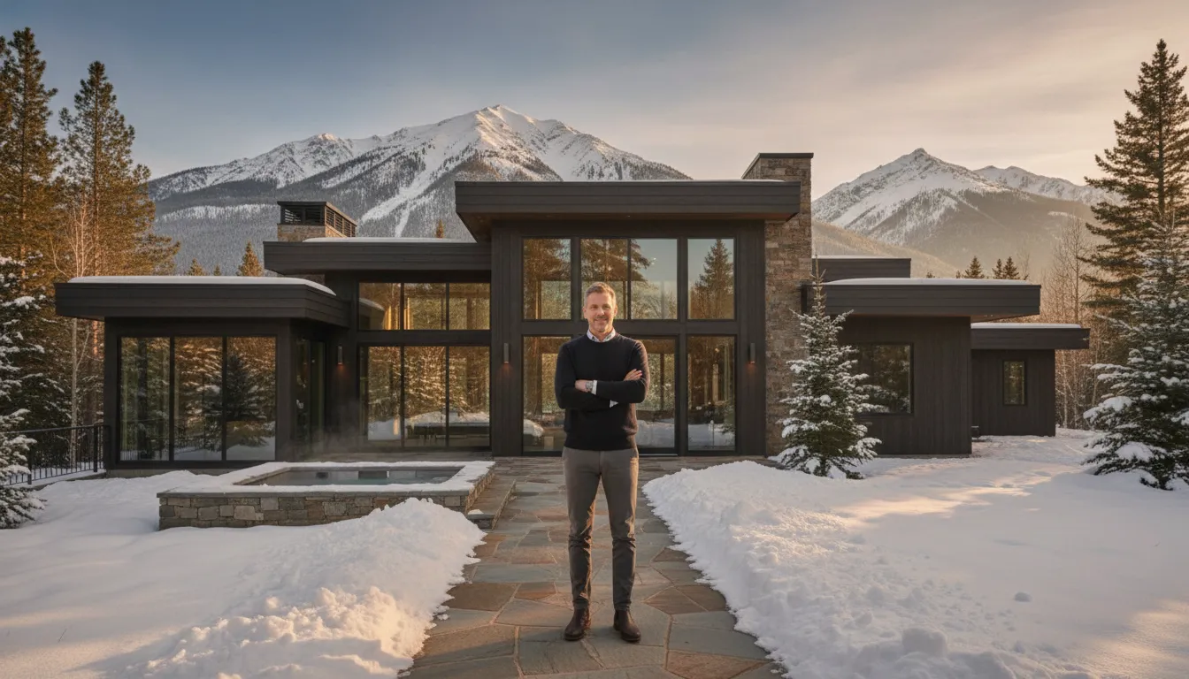 Real estate investor standing before a modern mountain investment property at golden hour