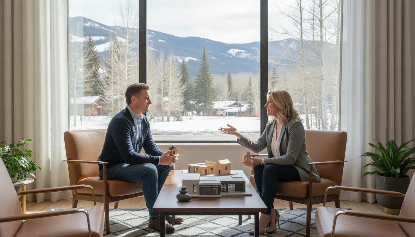 Wealth-rich buyer discussing asset depletion financing with a mortgage advisor in a luxury Park City home
