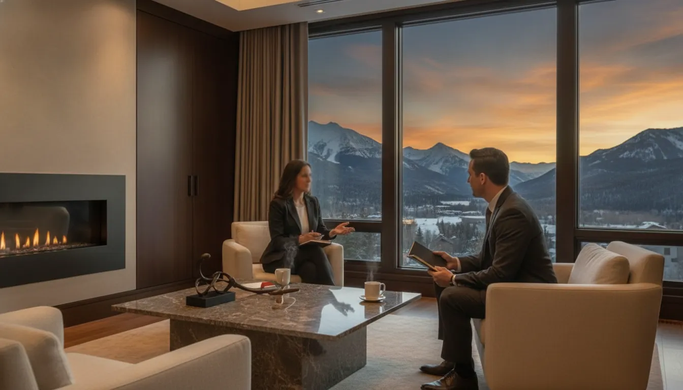 Mortgage advisor discussing bank statement requirements with a self-employed borrower in a Park City office