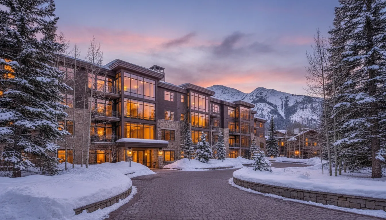 Luxury Park City condominium in the snowy Utah mountains at sunset