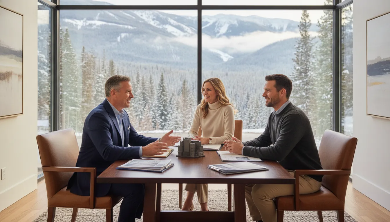 Mortgage consultation for a Park City condo with snowy mountains outside