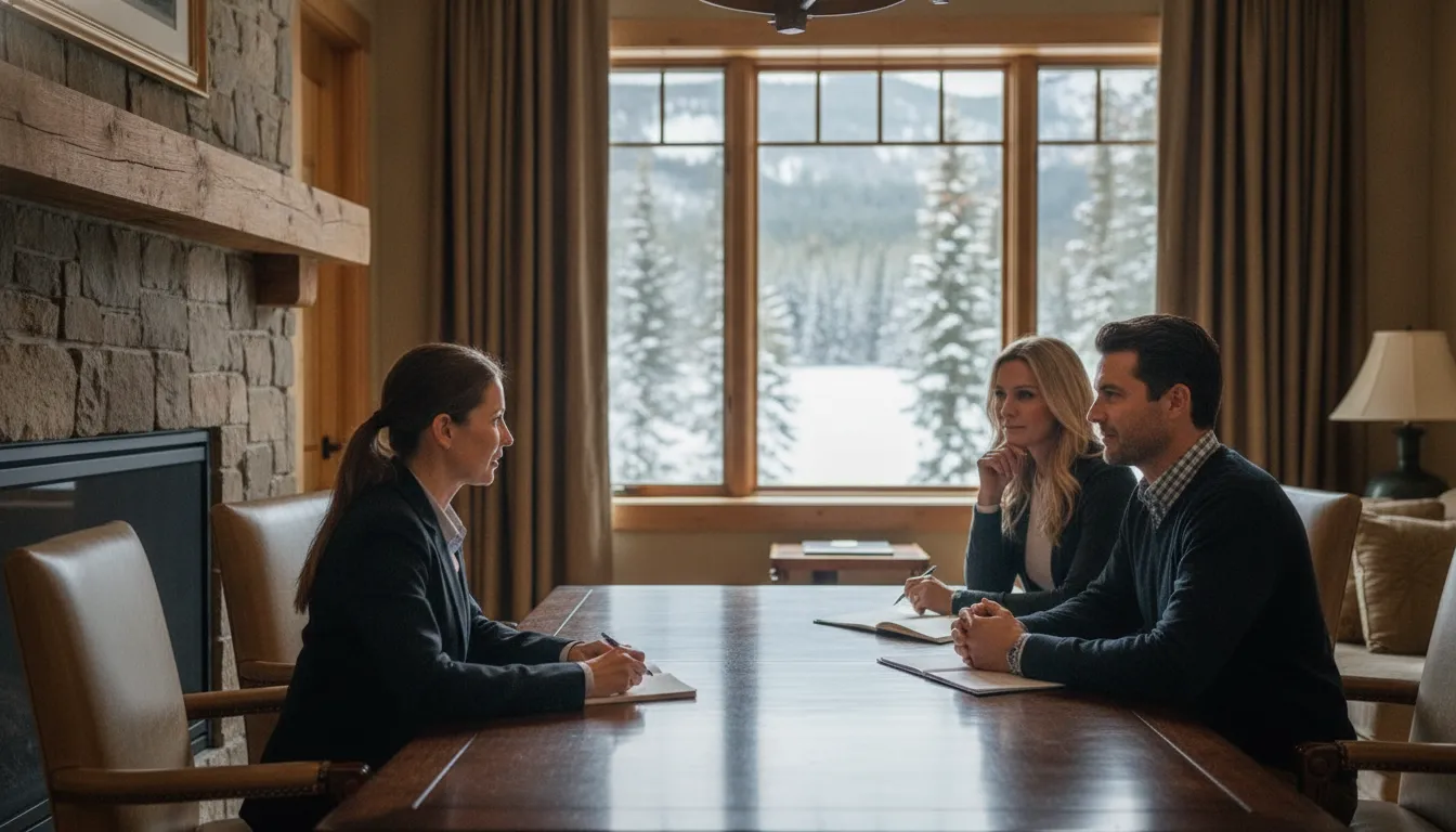Borrower reviewing ski property financing details with a mortgage professional