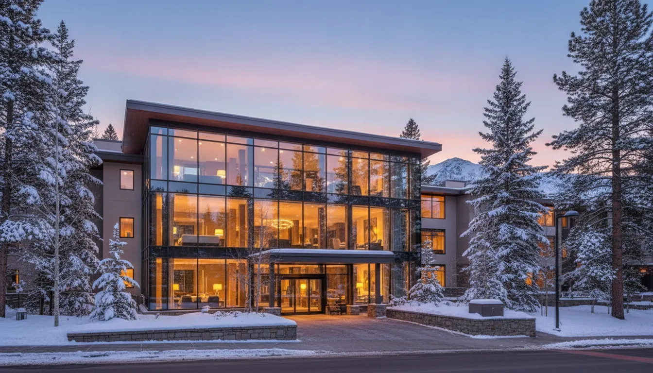 Luxury Park City condo hotel in the Utah mountains at sunset