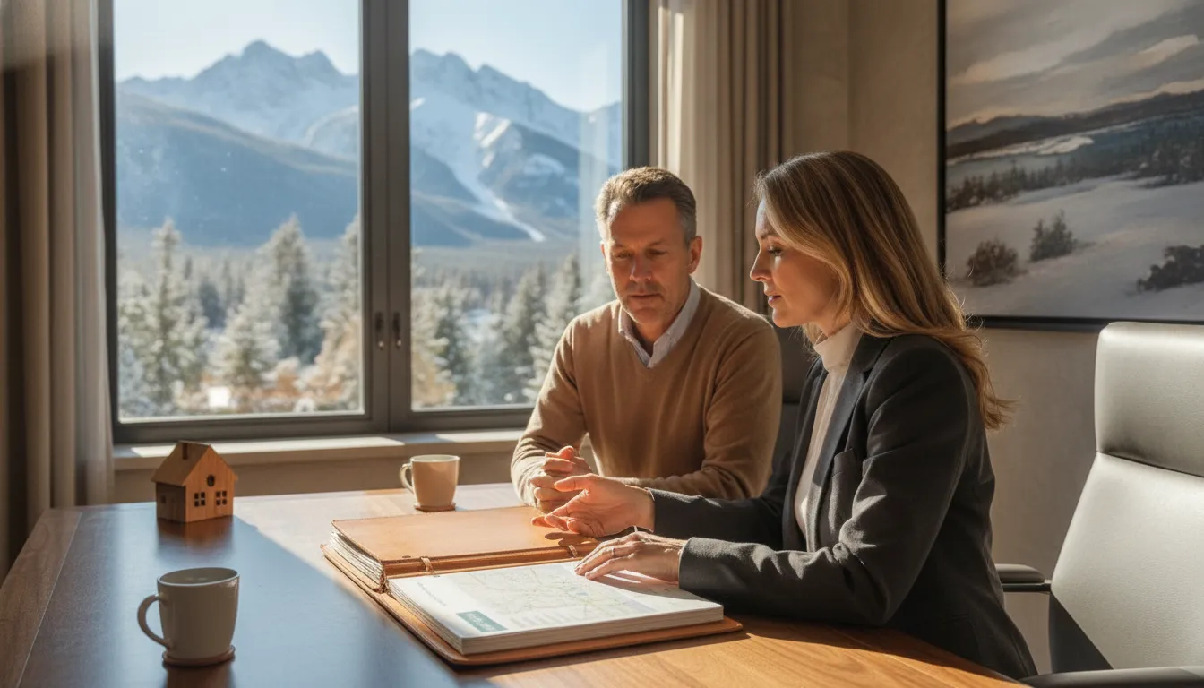 Mortgage advisor discussing ownership structure with luxury home buyers