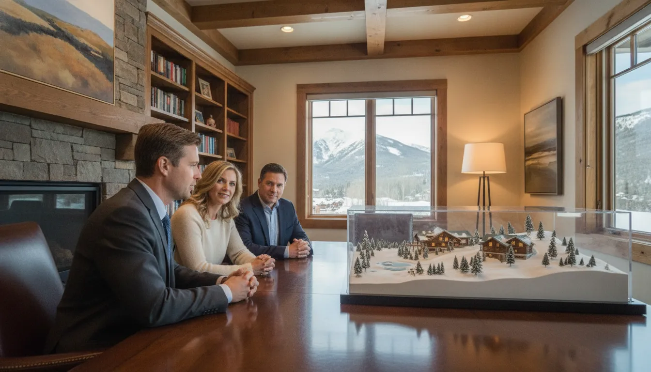 Mortgage specialist reviewing Deer Valley vacation home plans with a borrower
