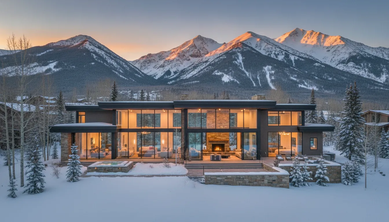 Luxury Jeremy Ranch home with warm lights beneath Utah mountains at sunset