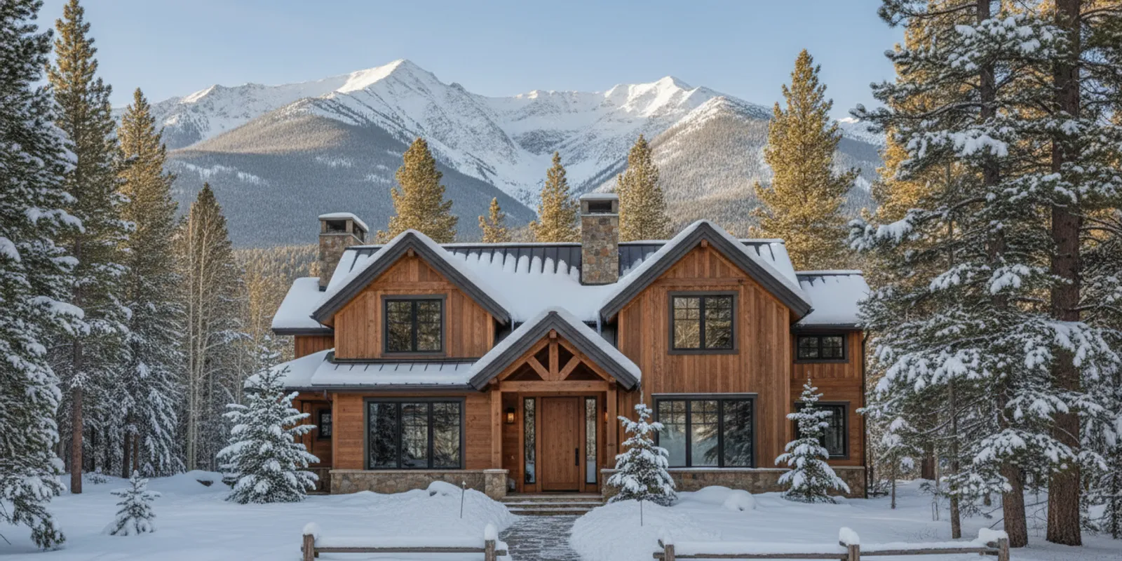 Modern mountain home in Summit Park, Utah, framed by pine trees and the Wasatch range