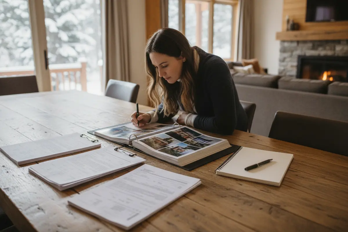 Buyer reviewing property and financial documents before a second-home mortgage consultation