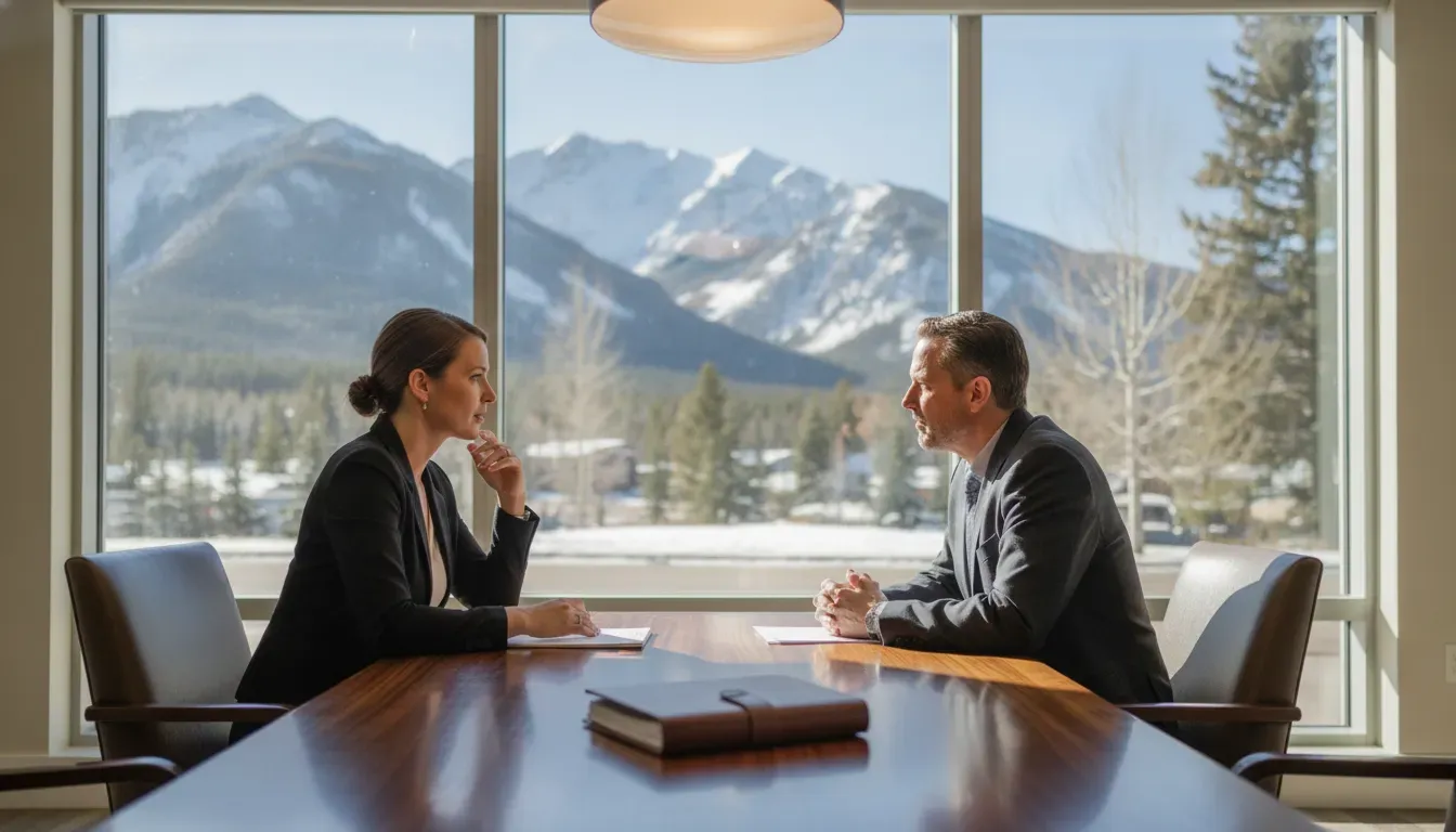 Self-employed Empire Pass buyer discussing mortgage documentation with an advisor in Park City