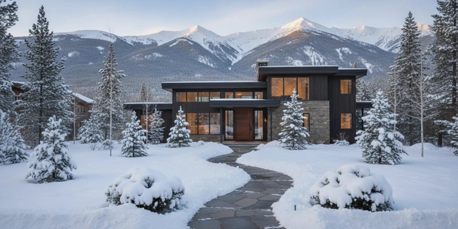 Luxury Park City home in a snowy mountain setting, viewed from the driveway