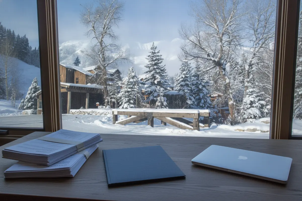 Organized financial documents and a laptop on a desk overlooking a mountain property