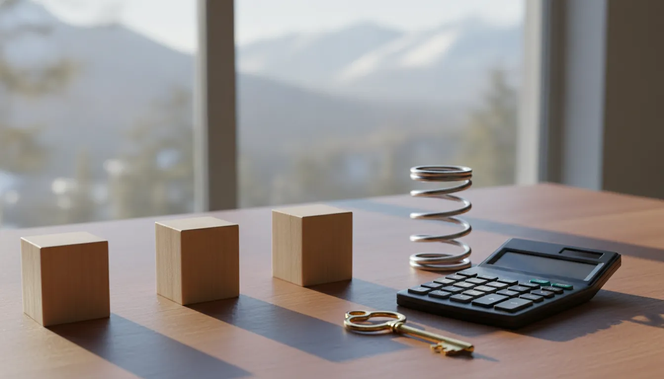 Wooden blocks of different heights, a house key, and a calculator used to compare DSCR prepayment penalty structures