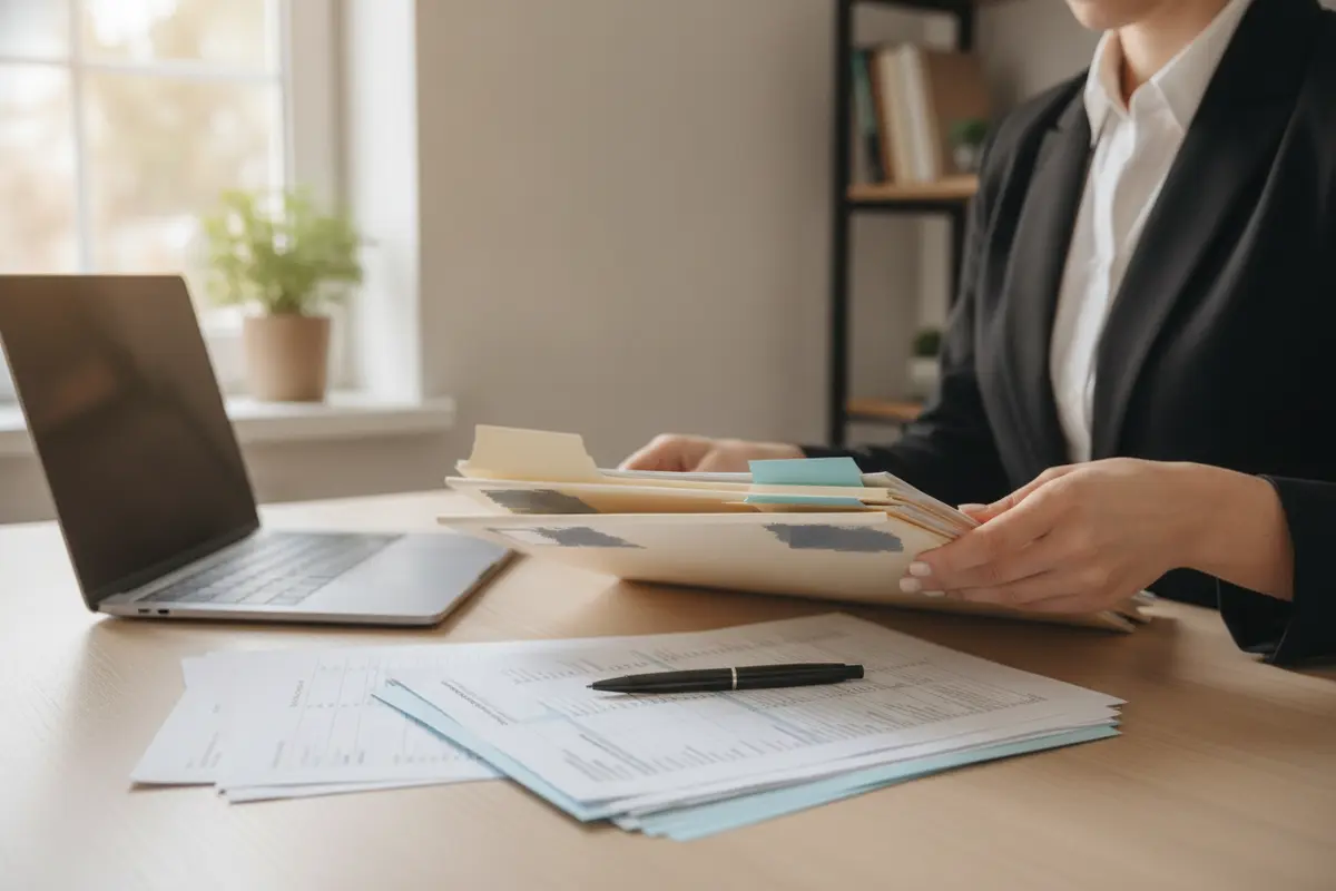 A self-employed buyer organizing financial documents for a mortgage review