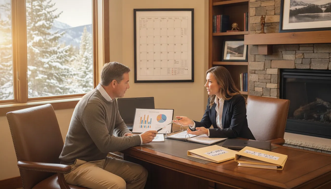 Self-employed buyer organizing seasonal business records before discussing bank statement home loans