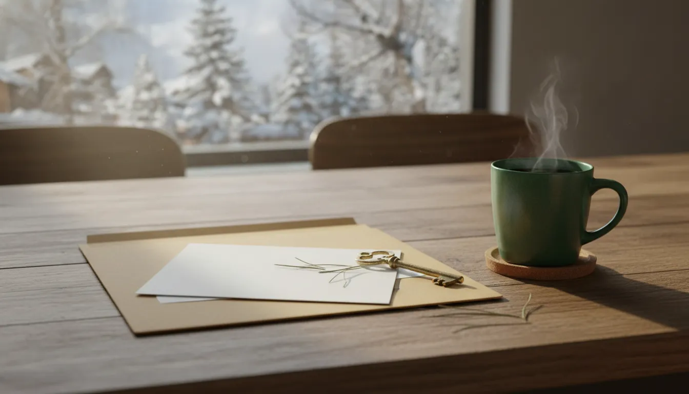 Folder, house key, and coffee cup on a wooden table in a mountain home