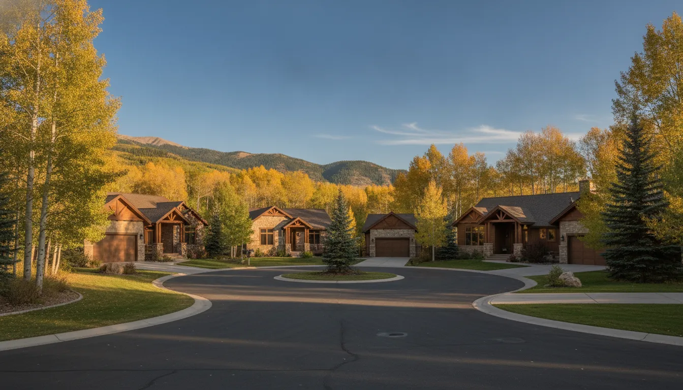 Quiet mountain cul-de-sac of single-family homes and aspen trees near Park City