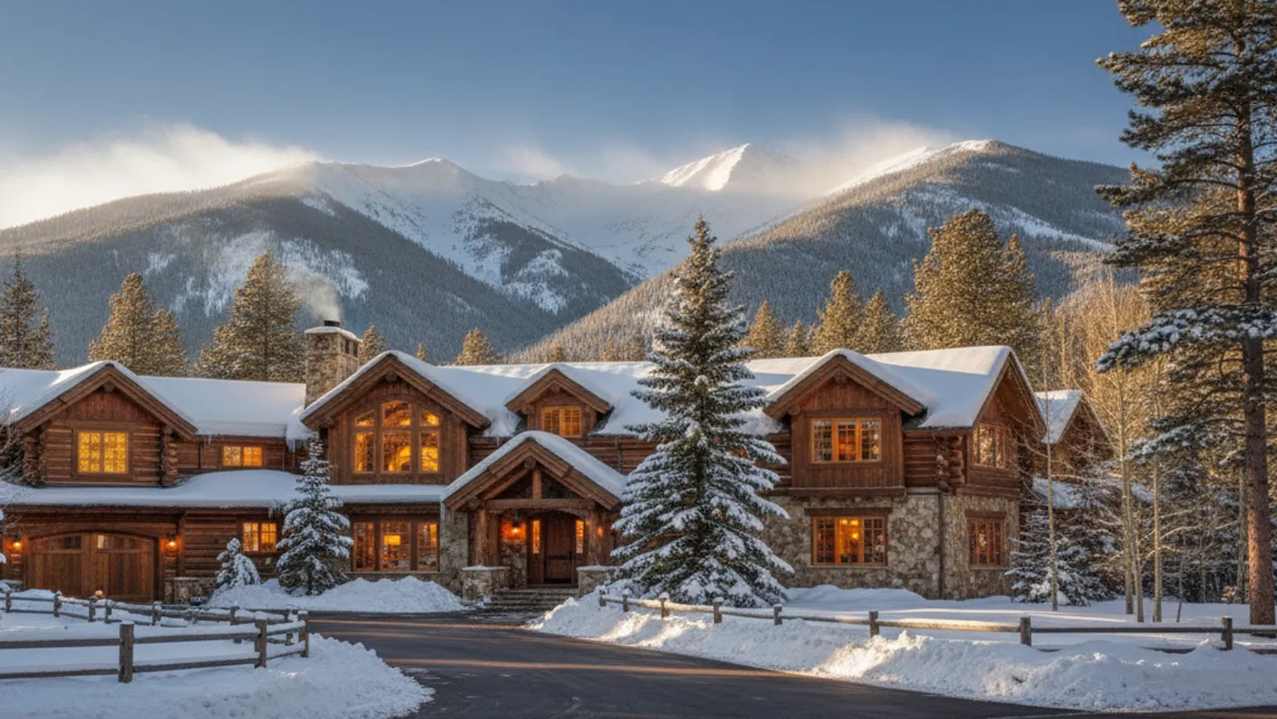 Snowy Utah mountain neighborhood with large luxury homes and pine trees