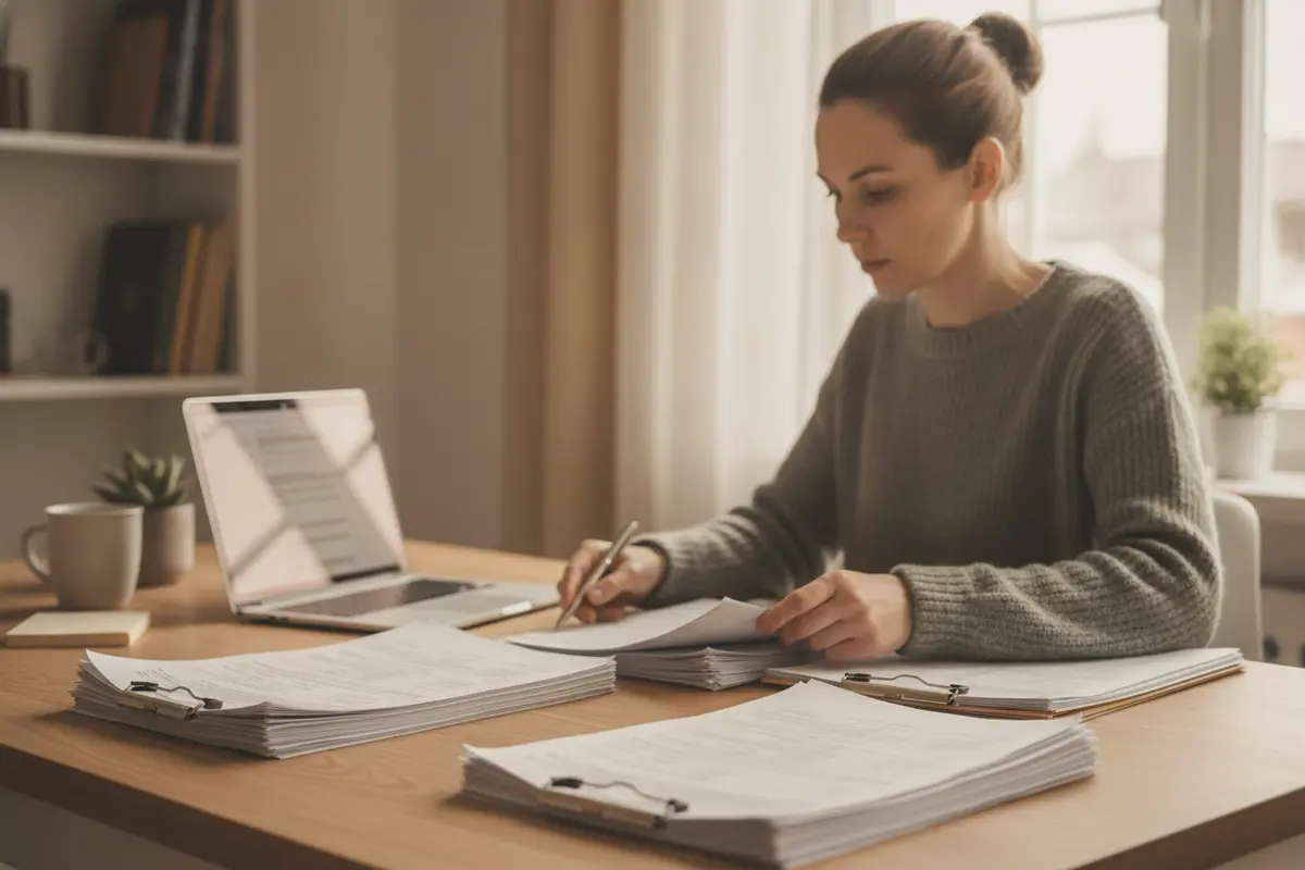A self-employed borrower organizing financial documents for a mortgage discussion