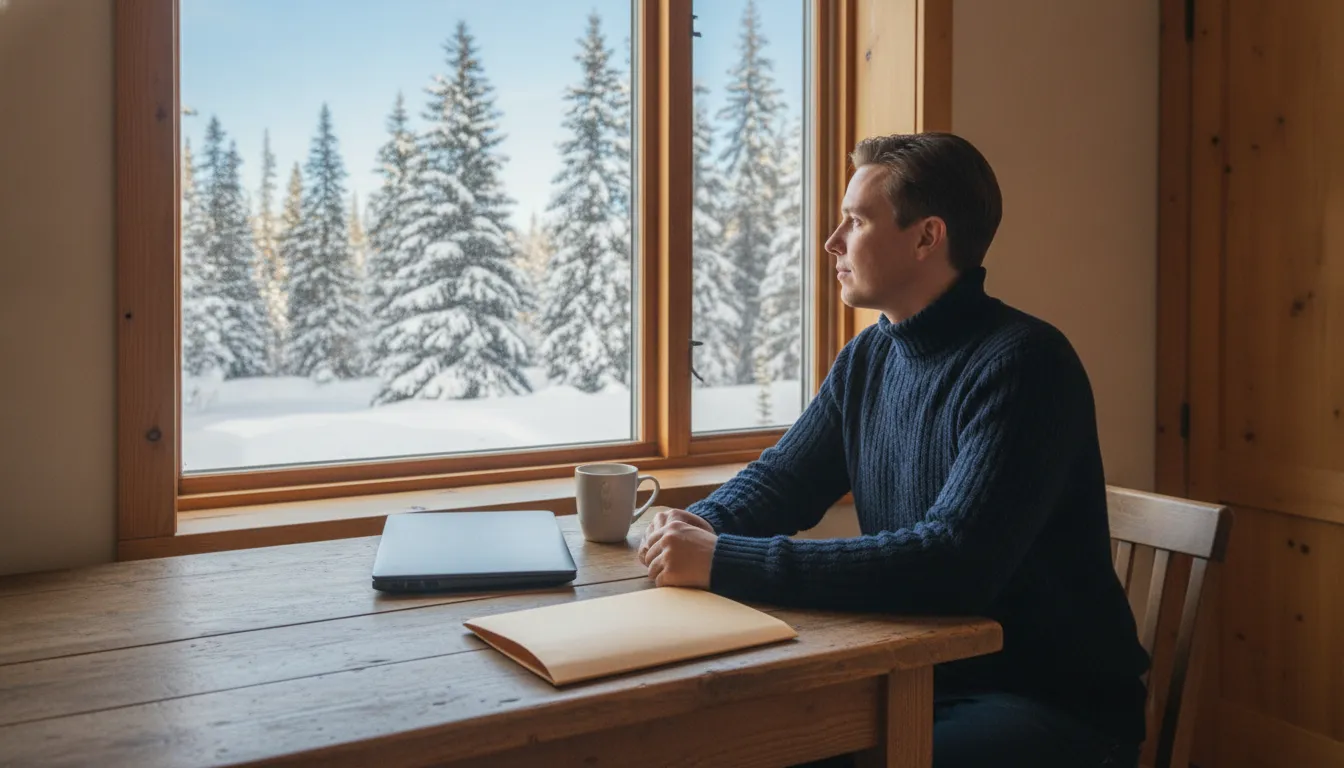 Investor at a mountain-home table preparing documents for a rental financing conversation