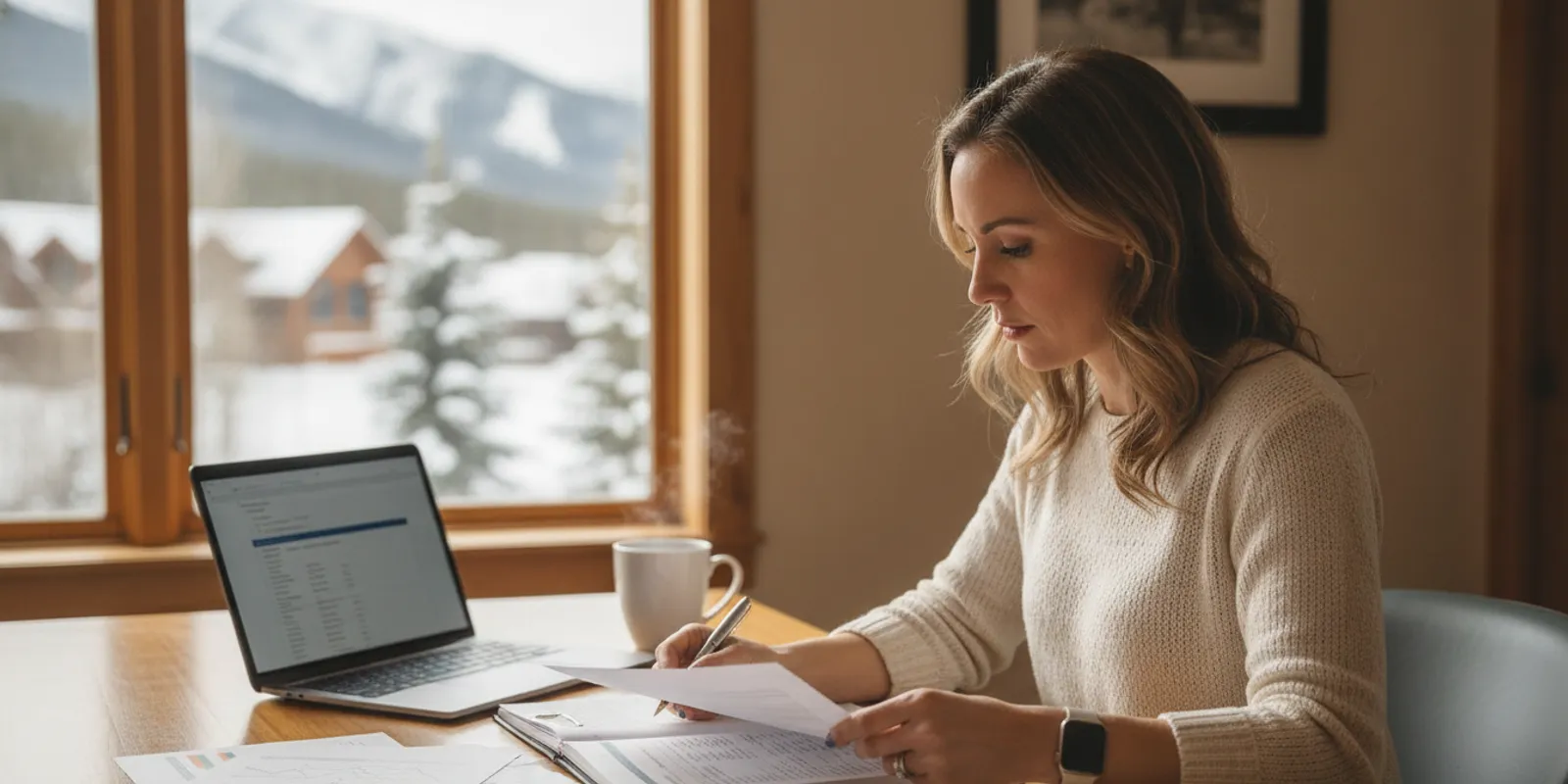 Self-employed homebuyer reviewing financial documents and an investment account statement at a desk